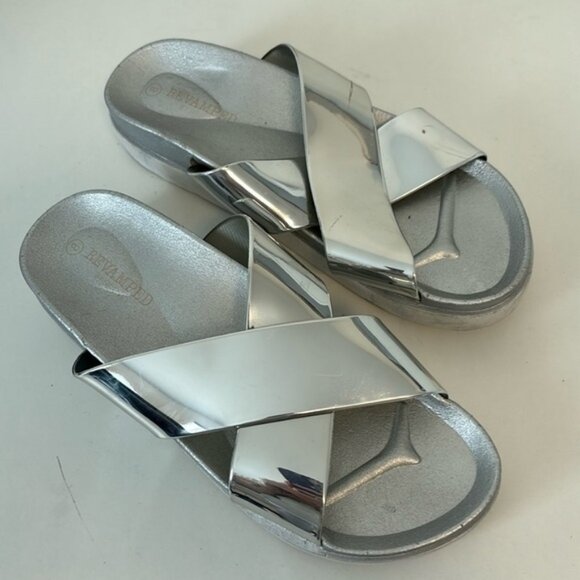 Revamped Shoes - Revamped silver shiny chunky criss-cross slide sandals size 8